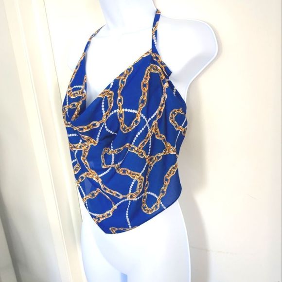 ASOS Blue and Gold Chain print satin handkerchief Halter Neck Crop Top size 6 - Picture 3 of 5